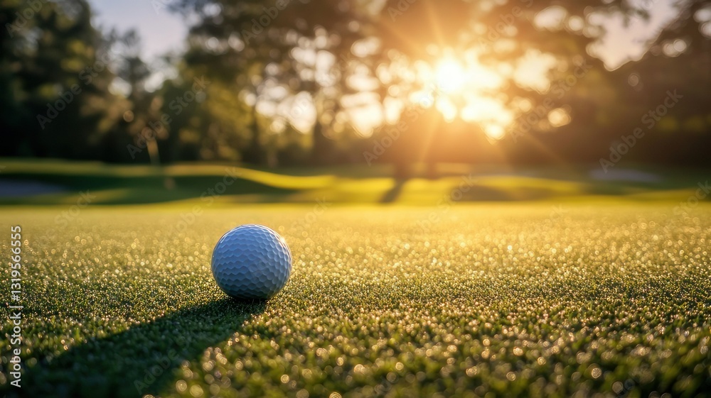 Golf Ball on Grass with Sunset in Background Creating Golden Light Golf Ball on Grass with Sunset in Background Creating Golden Light