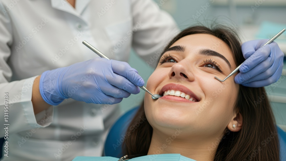 Naklejka premium Hispanic young adult female smiles during dental examination in clinic Focus on oral hygiene and healthcare