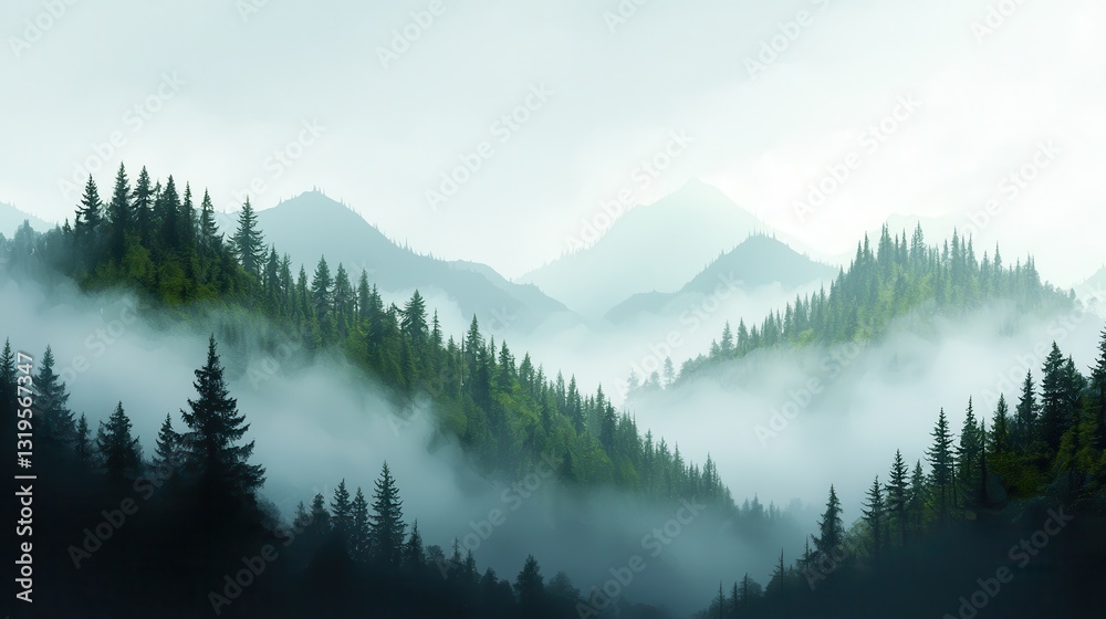 Fototapeta premium Northwest Region: Misty Mountains and Rugged Coastal Landscape Amid Dense Forest and Fog