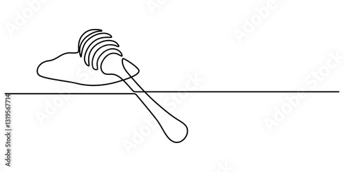 Honey dripping from honey dipper, continuous one line drawing, tattoo, print for clothes and logo design, A continuous line drawing of a honey jar with a dipper, white background isolated pro vector. 