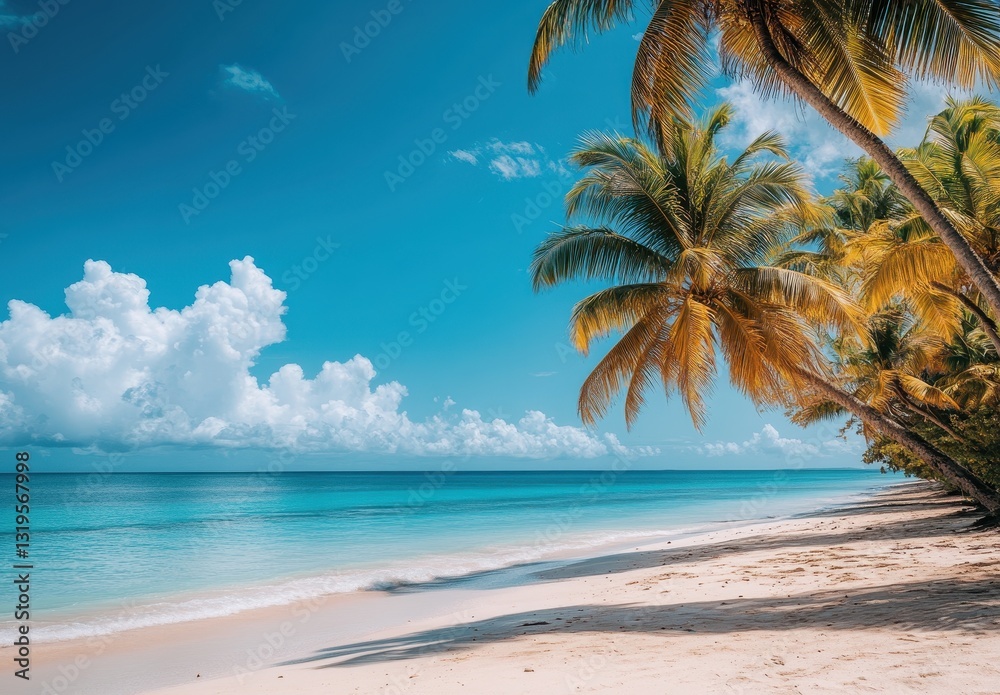 Tranquil tropical beach scene with palm trees, calm turquoise waters, beautiful sky, and soft white sand, capturing the essence of paradise and relaxation Tranquil tropical beach scene with palm trees, calm turquoise waters, beautiful sky, and soft white sand, capturing the essence of paradise and relaxation