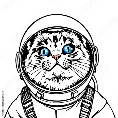 cat with blue eyes wearing an astronaut helmet, funny space illustration