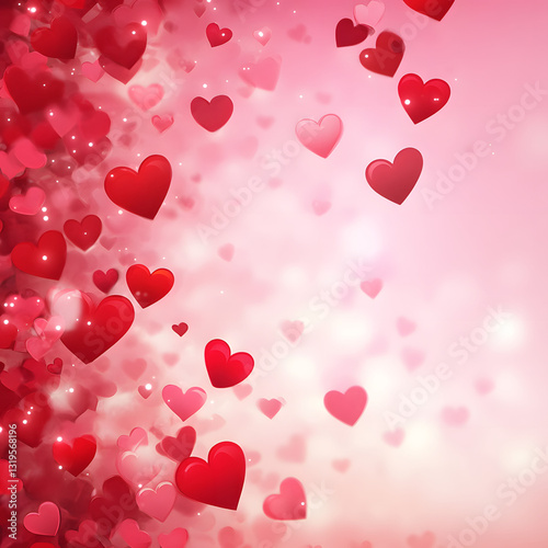Romantic Red Heart Background with Falling Hearts - Symbol of love. Vector illustration with beauty 3d hearts. Applicable for design of wedding greeting cards and St
