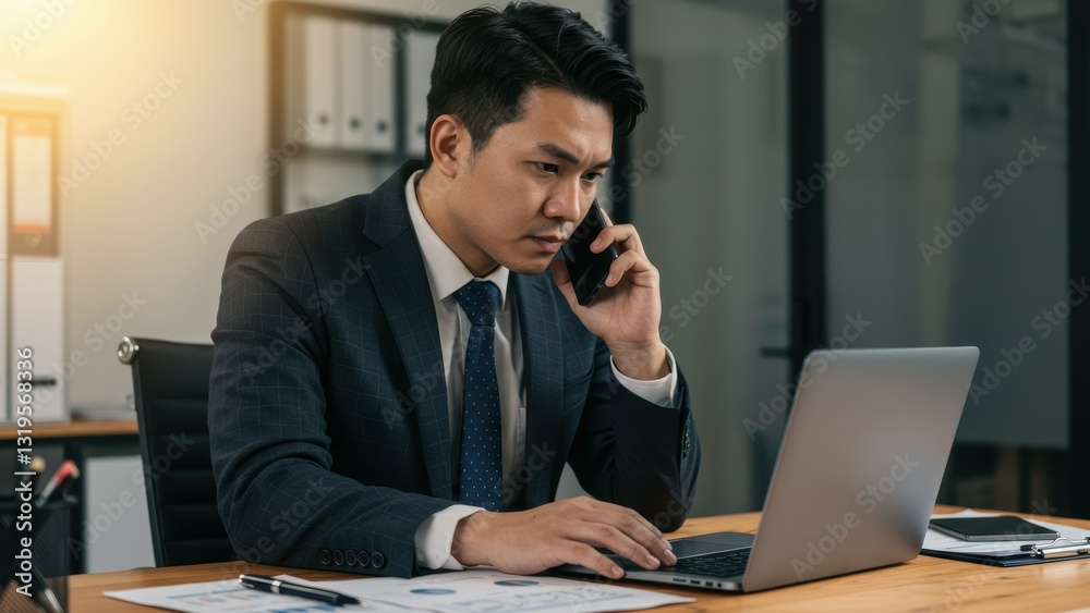 Asian businessman in office, working on laptop, talking on phone Represents business productivity and modern workplace culture Asian businessman in office, working on laptop, talking on phone Represents business productivity and modern workplace culture
