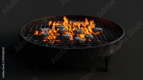 Embers Glow Warmly On A Circular Grill, Promising A Delicious Outdoor Feast Under The Night Sky With Dark, Rustic Metal And Vibrant Flames