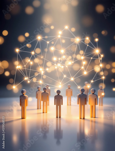 Community of Stylized Figures Linked by Web Nodes in Warm Illuminated Design