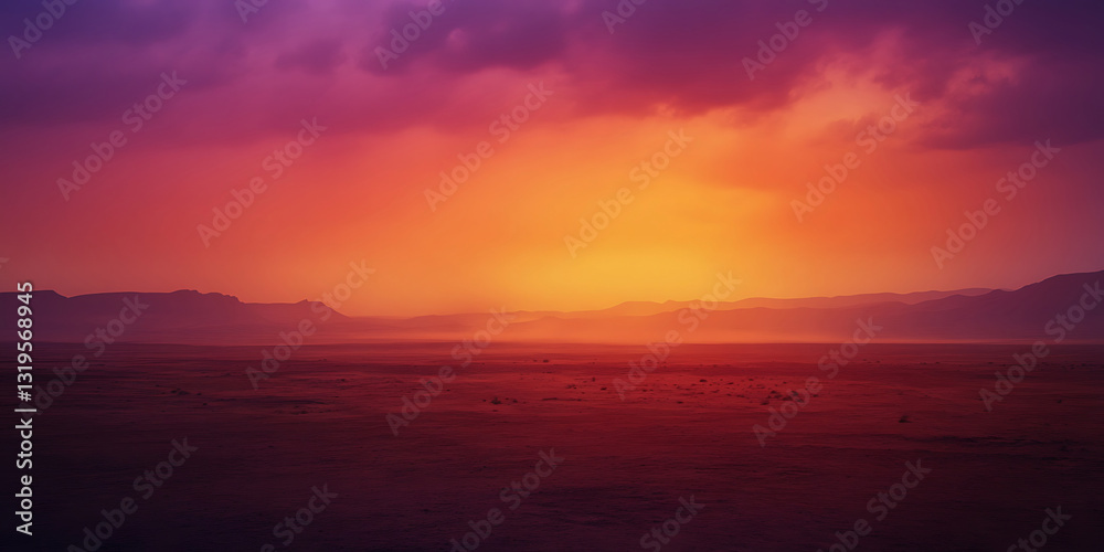 Obraz premium Vast Desert Landscape with a Dramatic Orange and Purple Sunset for Travel Posters, Nature Exploration, or Adventure Promotions