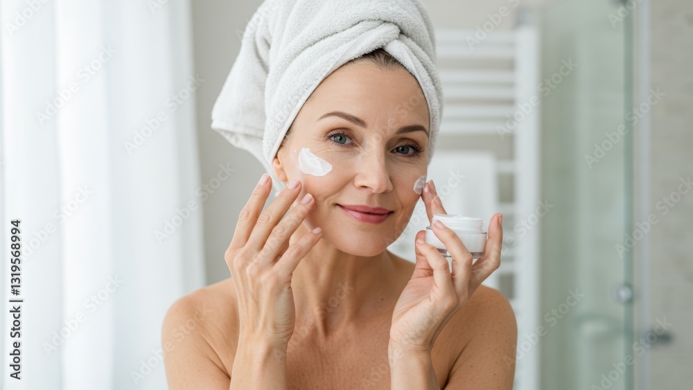 Caucasian woman applies moisturizer in bathroom Conveys self care, wellness, and beauty Caucasian woman applies moisturizer in bathroom Conveys self care, wellness, and beauty