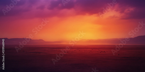 Vast Desert Landscape with a Dramatic Orange and Purple Sunset for Travel Posters, Nature Exploration, or Adventure Promotions