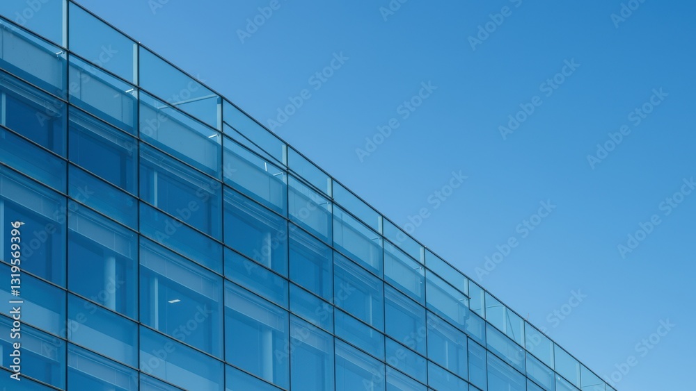 Modern office building with glass facade and blue sky Represents contemporary architecture and urban development concepts Modern office building with glass facade and blue sky Represents contemporary architecture and urban development concepts
