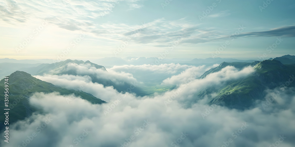 Obraz premium Soft Clouds Floating Above a Scenic Mountain Valley for a Dreamy and Tranquil Atmosphere