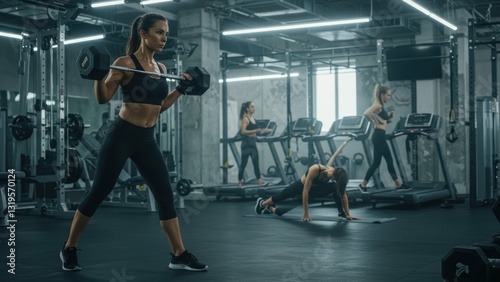 Caucasian women in gym exercising with weights and cardio machines, showcasing fitness, motivation, and active lifestyle