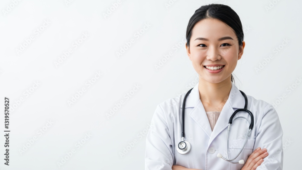 Asian female doctor smiling in white lab coat with stethoscope in medical office Represents healthcare, diversity, and wellness Asian female doctor smiling in white lab coat with stethoscope in medical office Represents healthcare, diversity, and wellness