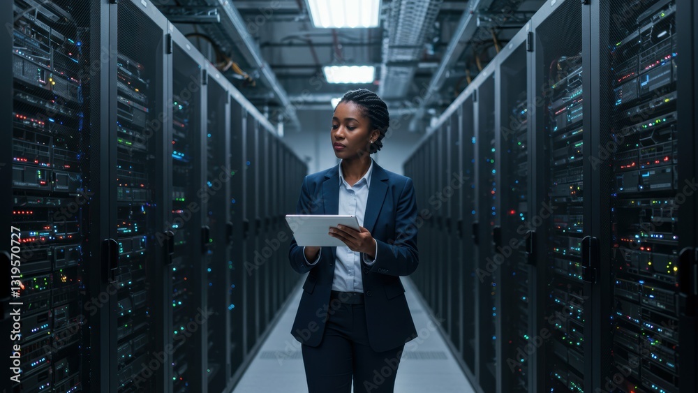 Fototapeta premium Black woman IT professional working in data center, using tablet in modern server environment Focused on technology and innovation