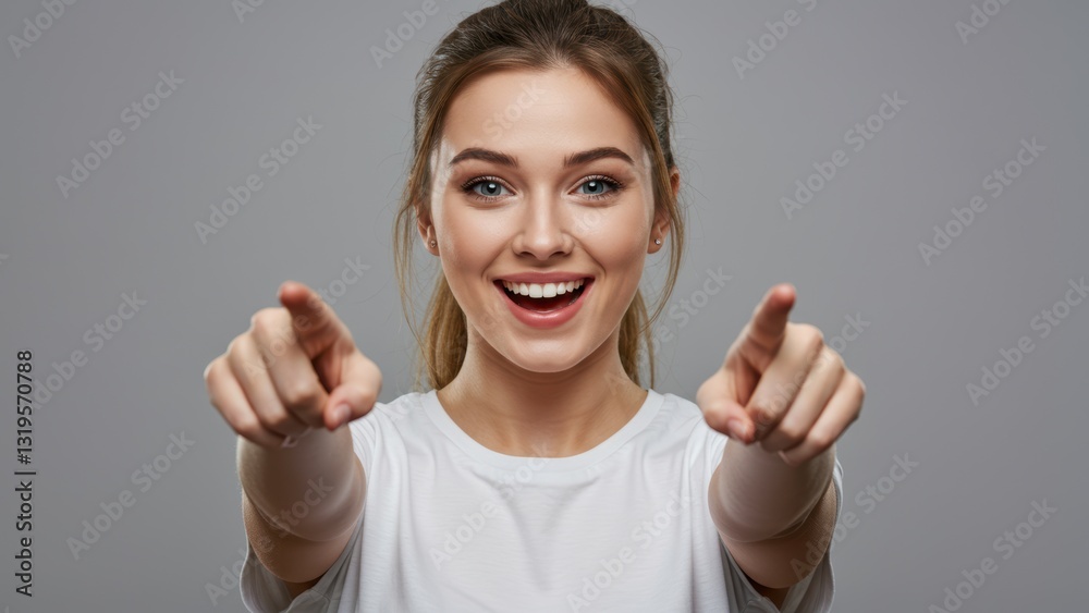 Young Caucasian woman smiling and pointing in studio with gray background, portraying encouragement and youthfulness Young Caucasian woman smiling and pointing in studio with gray background, portraying encouragement and youthfulness