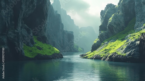 Serene river winding through lush green cliffs under a misty sky at dawn
