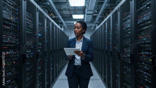 Black woman IT professional working in data center, using tablet in modern server environment Focused on technology and innovation