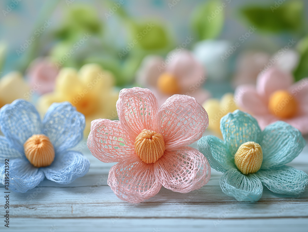 Knitted flowers in pastel shades on a wooden surface. Handmade, textile floristry and coziness create an atmosphere of spring and warmth. Ideal for design, decor and creativity. Knitted flowers in pastel shades on a wooden surface. Handmade, textile floristry and coziness create an atmosphere of spring and warmth. Ideal for design, decor and creativity.
