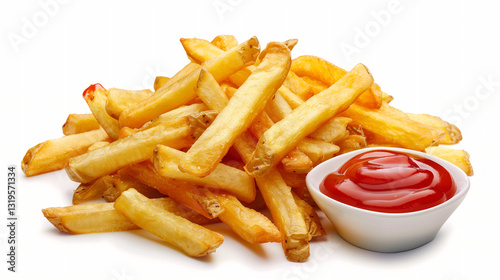 a photorealistic pile of golden french fries with a generous portion of ketchup