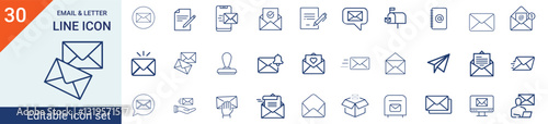 E-mail and Letter line icon set. Set of 30 outline icons related to mail, email, postal letter and others. Vector illustration eps file