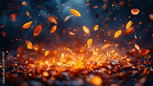 Autumn leaves falling into fire on dark ground. Possible use Stock photo photo