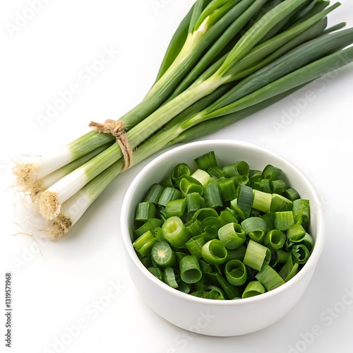 Cut fresh green onions in bowl and  fresh green onions isolated on transparent background
