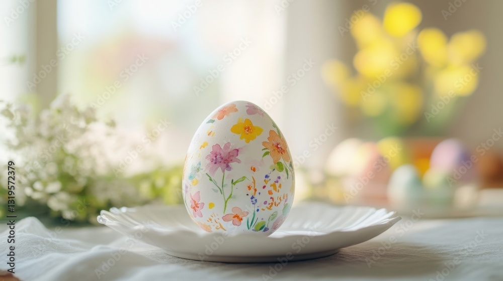 Minimalist Easter greeting with a single hand-painted egg featuring watercolor flowers placed on a white ceramic plate. Created with generative AI. Minimalist Easter greeting with a single hand-painted egg featuring watercolor flowers placed on a white ceramic plate. Created with generative AI.