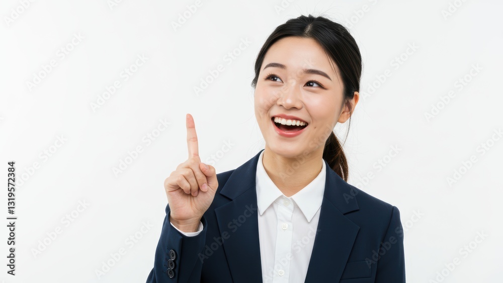 Young Korean woman in business attire smiling and gesturing indoors Themes of empowerment and professional growth Young Korean woman in business attire smiling and gesturing indoors Themes of empowerment and professional growth