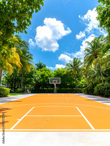 Wallpaper Mural Outdoor basketball court amidst lush tropical foliage under a vibrant blue sky Torontodigital.ca
