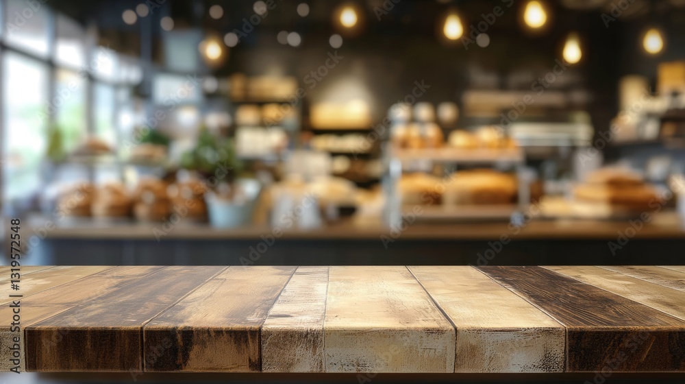 Empty table top with a blurred bakery interior Empty table top with a blurred bakery interior
