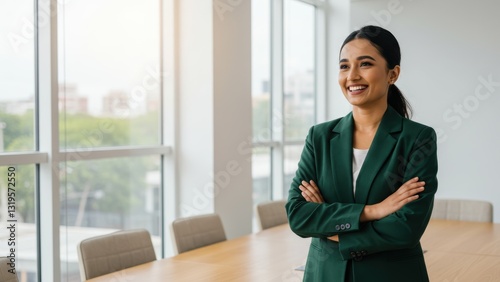 South Asian businesswoman smiling confidently in modern office space with large windows, showcasing professionalism and empowerment Free Download South Asian businesswoman smiling confidently in modern office space with large windows, showcasing professionalism and empowerment - GFXLoad