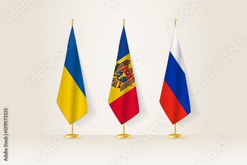 Diplomatic Meeting Representation, Ukraine, Moldova and Russia Flags. Flags on Diplomatic Stands.