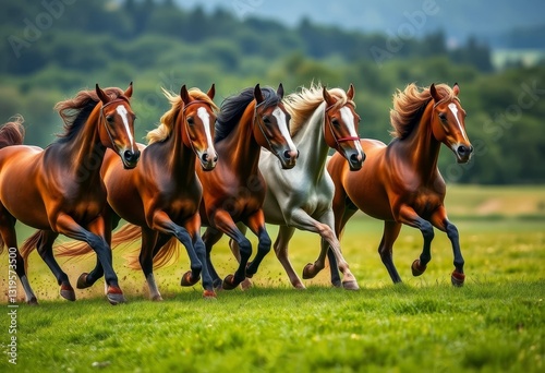 A majestic quintet of equines gracefully gallops across a vibrant green pasture, their manes and tails flowing in the wind, a breathtaking display of equine elegance and freedom.