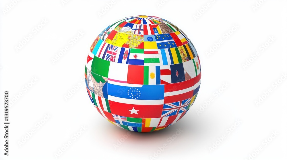 Globe showing various countries flags, isolated on white background with soft shadow effect