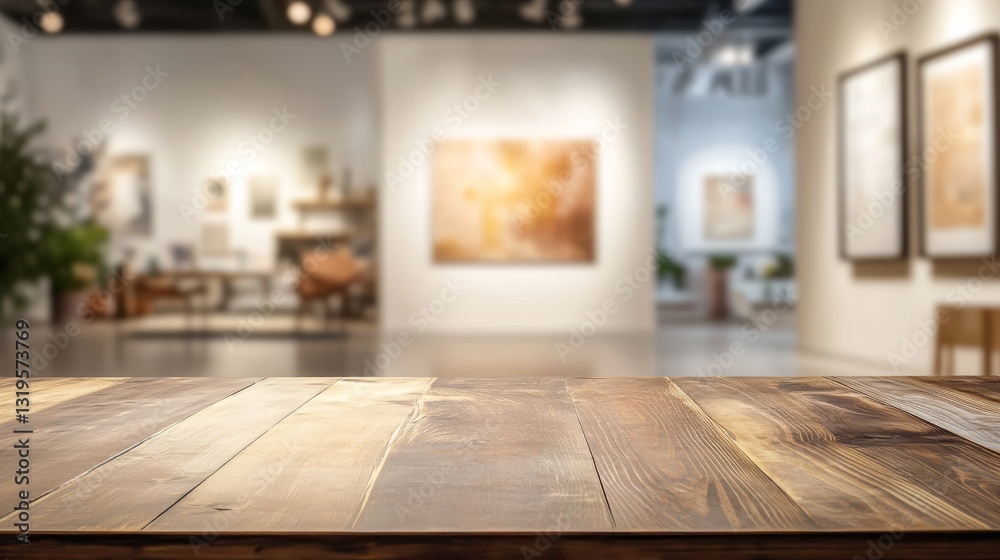 Empty table top with a blurred gallery interior Empty table top with a blurred gallery interior