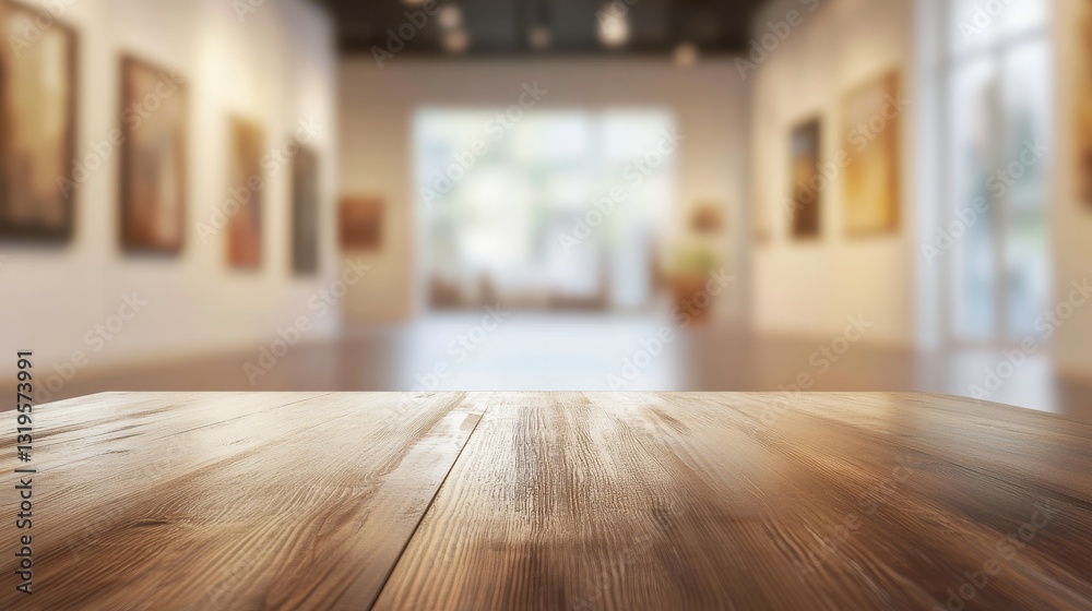 Empty table top with a blurred gallery interior