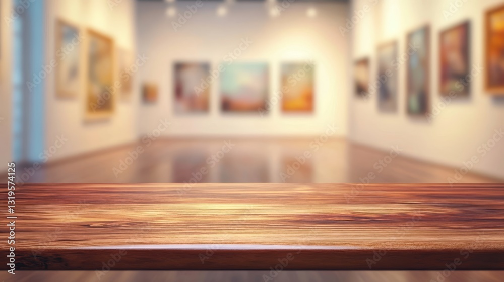 Empty table top with a blurred gallery interior Empty table top with a blurred gallery interior