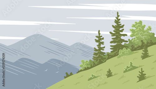 Green forest in the mountains. Beautiful nature landscape. Taiga with spruce and coniferous trees. Background with wildlife. Vector illustration