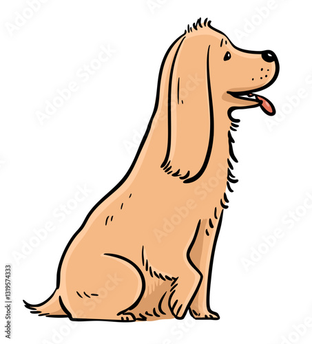 American Cocker Spaniel. Cute dog with big ears. Obedient dog sitting. Pet with a collar. Care of animals. Cartoon vector illustration. Hand drawn outline