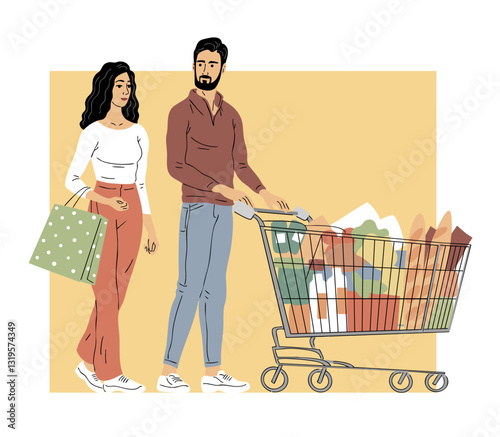 Young couple with grocery cart in supermarket. Man and woman buying food products. People lifestyle. Family life. Vector illustration