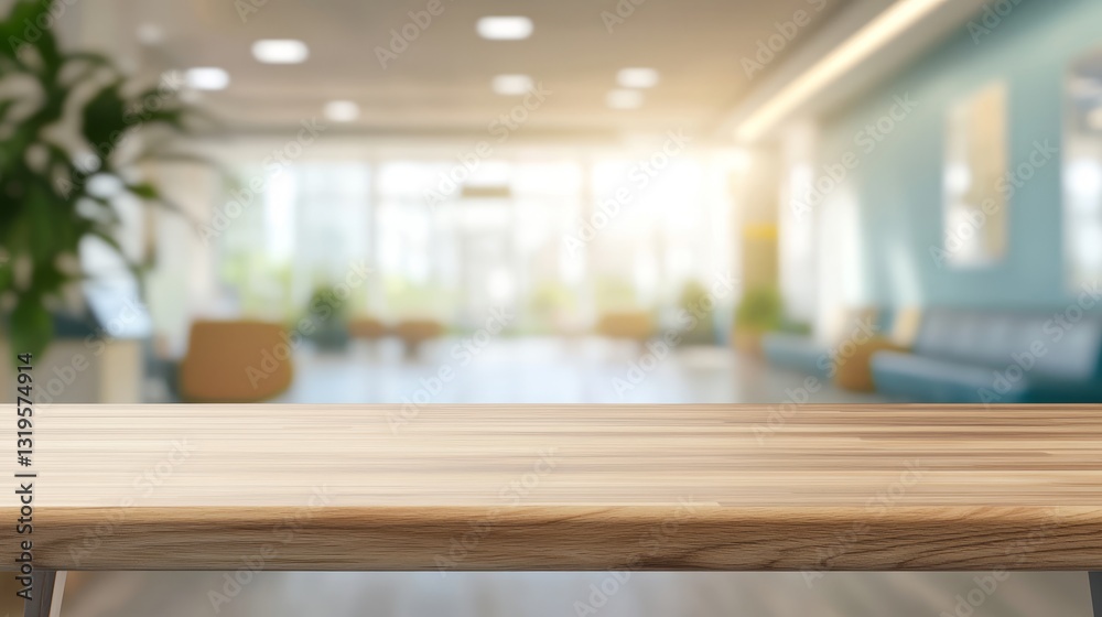 Empty table top with a blurred hospital interior Empty table top with a blurred hospital interior