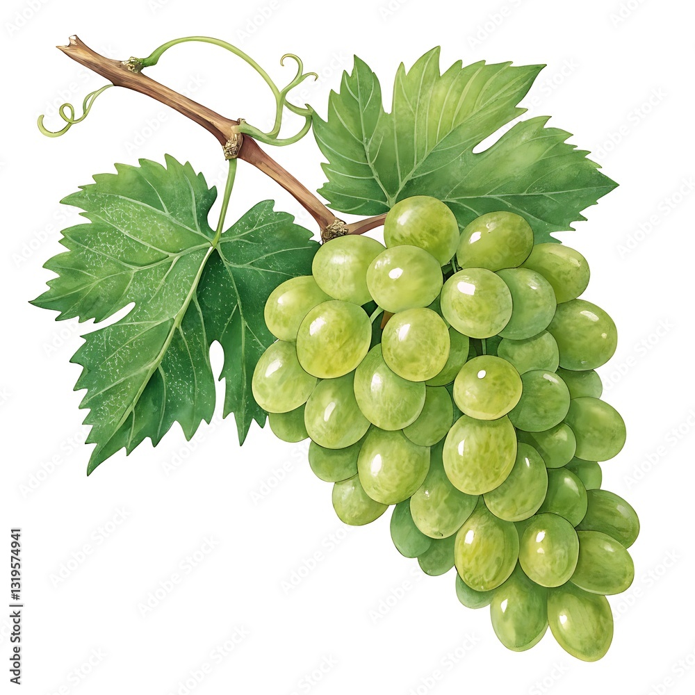 Fototapeta premium Fresh green grape cluster with plump glossy texture, natural details, and vibrant color isolated on transparent background