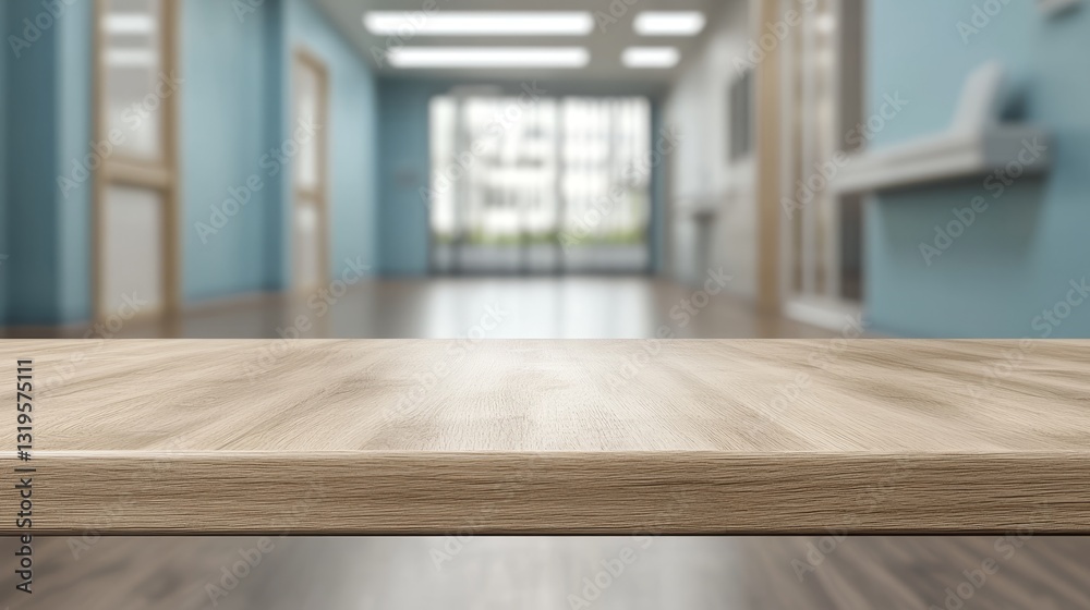 Empty table top with a blurred hospital interior Empty table top with a blurred hospital interior