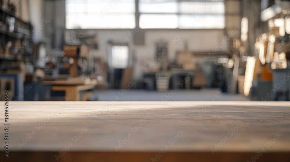 Empty table top with a blurred workshop interior Empty table top with a blurred workshop interior