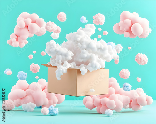 Pastel clouds erupt from open box on teal background