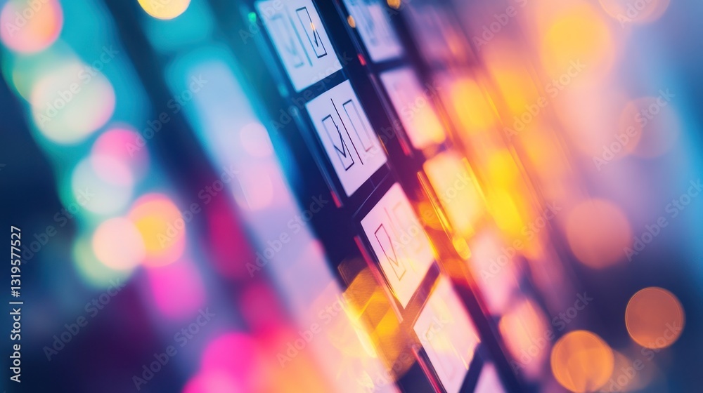 Abstract check mark icon design with vibrant bokeh background display Abstract check mark icon design with vibrant bokeh background display