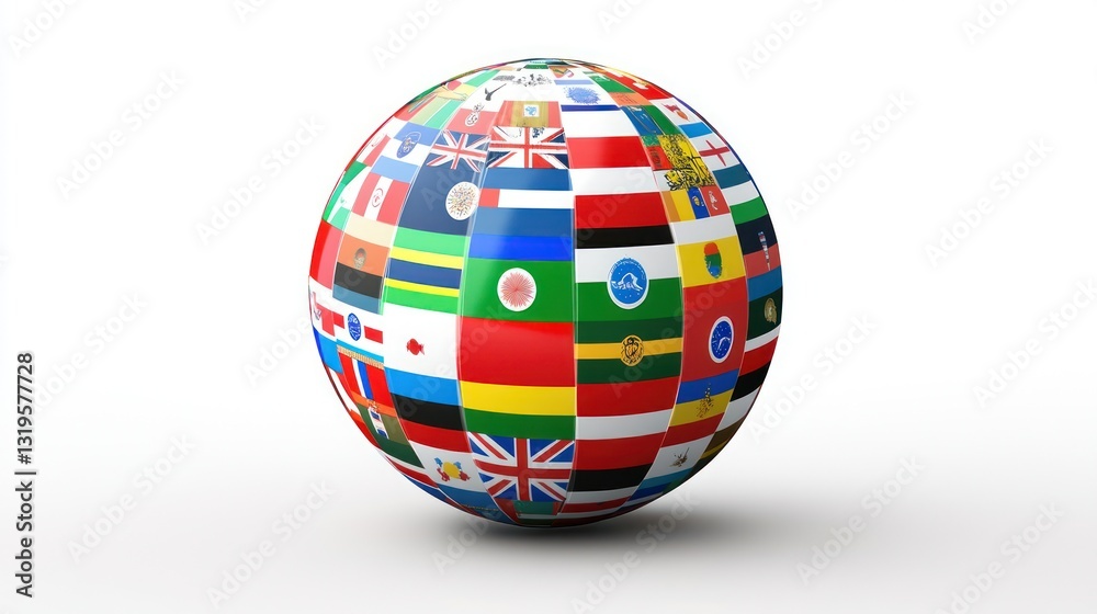 Globe made of different countries' flags rotates on a white background Globe made of different countries' flags rotates on a white background