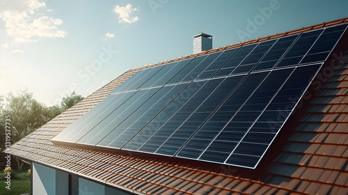 Wallpaper Mural Residential Rooftop Solar Panels Under Blue Sky on Red Tile Roof in Modern Suburban Home Setting Torontodigital.ca