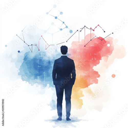 Futuristic Businessman Contemplating Colorful Data and Analytics
