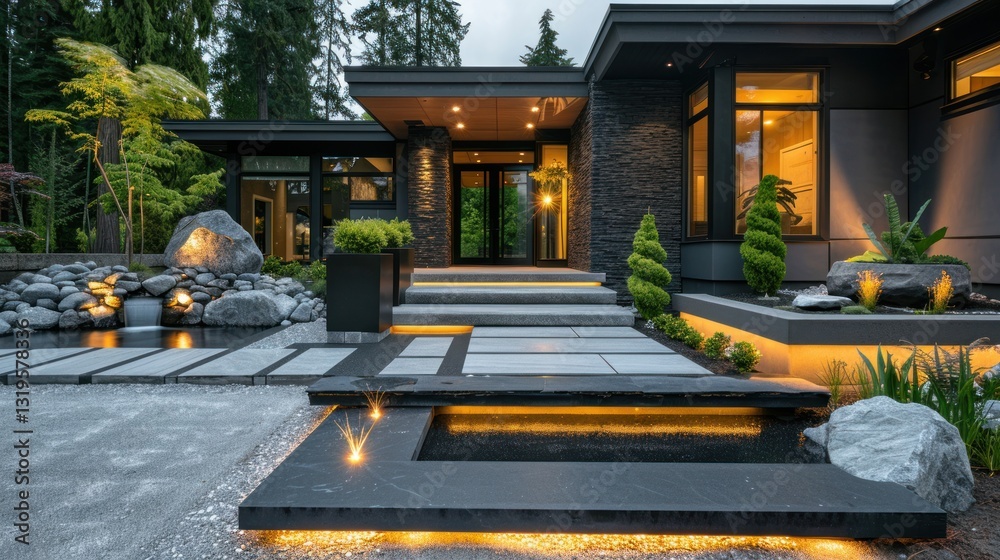 Obraz premium Modern Luxury Home Exterior with Serene Water Features